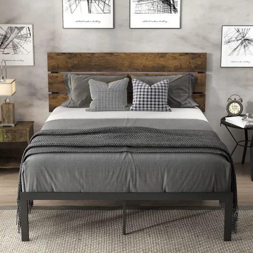 Vista 3 de Allewie Base de cama de plataforma de tamaño matrimonial con cabecero de madera y listones de metal, base de colchón de estilo rústico rústico