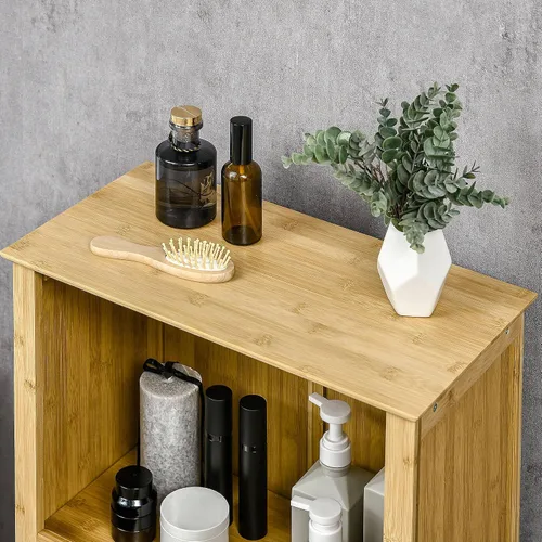 Vista 8 de HOMCOM Mueble de baño de bambú con estantes y puertas, natural
