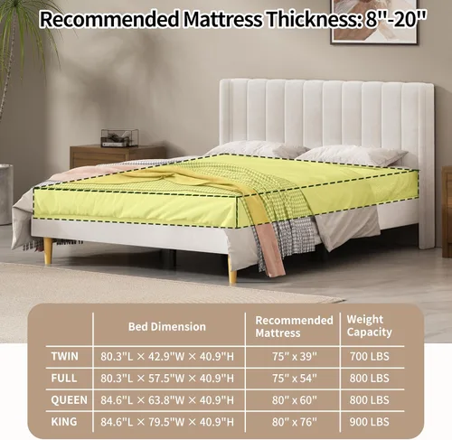 Vista 9 de Cama tapizada de terciopelo tamaño Queen con cabecera con respaldo de alas, color crema Canal vertical acolchonado, listones de madera