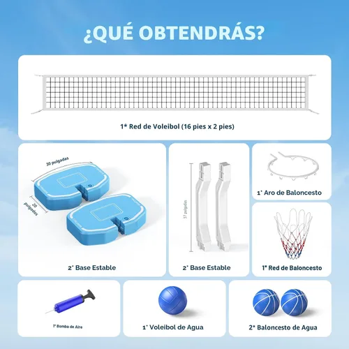 Vista 6 de Pool Volleyball Net&Pool Basketball Hoop 2 in 1,Pool Volleyball Net for Inground pools,Pool Basketball Hoop Poolside with Base&Stand，Includes 3