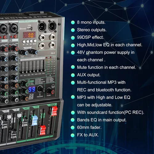 Vista 2 de Mezclador de DJ de 8 canales, mesa de DJ para sistemas de escenario PA con 99 tipos de efectos digitales DPS, efecto eco+retardo, entrada