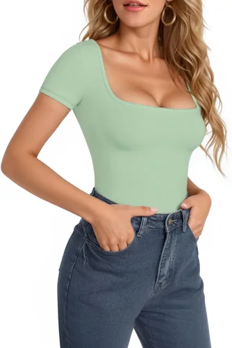Vista 75 de MANGOPOP - Body de manga corta con cuello cuadrado para mujer