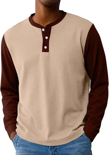 Vista 11 de Camisas de manga larga Henley con bloques de color para hombre, estilo casual, con botones, clásica, suave, transpirable