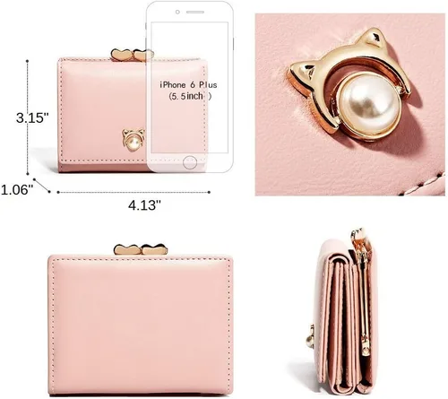 Vista 7 de JIUFENG Cartera corta con bloqueo RFID para mujer, triple, moda coreana, multifuncional, con perla, tarjetero