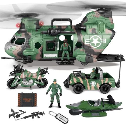 Vista 3 de JOYIN Juego de juguetes militares, juguetes militares para niños, incluyendo helicóptero con luz realista, sonido y mango, camiones Bruder, barco