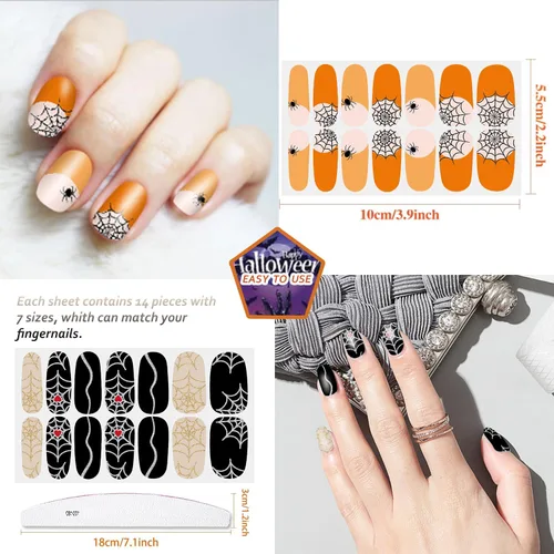 Vista 3 de 12 hojas de tiras de esmalte de uñas de Halloween con lima de uñas, telaraña, telarañas, envolturas de uñas para uñas cortas, calcomanías de uñas