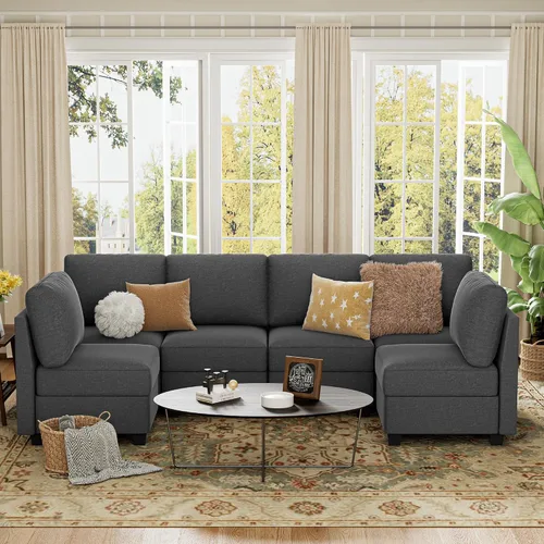 Vista 4 de Sofá modular modular con asiento de almacenamiento, sofá convertible para sala de estar, sofá en forma de L de 6 asientos o en forma de U con cojín