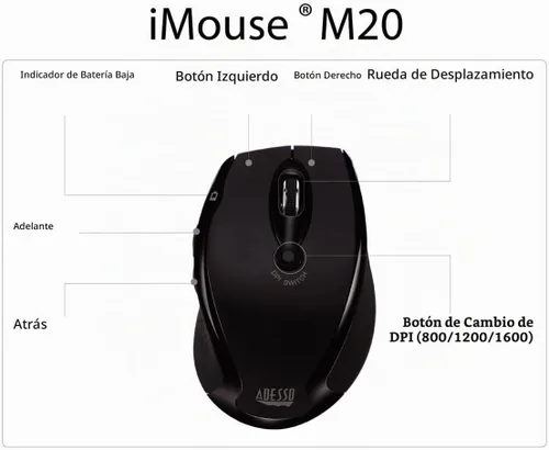 Vista 7 de Adesso iMouse M20B - Ratón óptico inalámbrico para computadora de 2,4 GHz con receptor USB nano, color negro