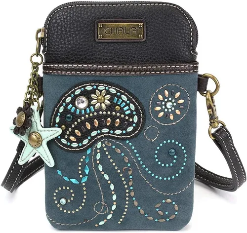 Vista 10 de CHALA Dazzled Cell Phone Crossbody Purse-Women PU Leather Multicolor Handbag with Adjustable Strap Marrón oscuro bohemio