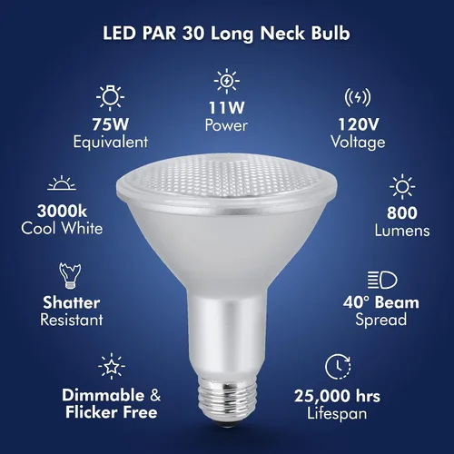 Vista 3 de Xtricity PAR 30 bombillas LED regulables de cuello largo, bombillas LED de 11 W, equivalente a 75 vatios, 800 lúmenes, blanco suave de 3000 K, 120