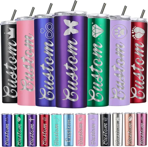 Vista 18 de Vasos delgados personalizados con tapas y pajitas, vaso delgado de acero inoxidable grabado con láser, vasos personalizados con nombre de 20 onzas