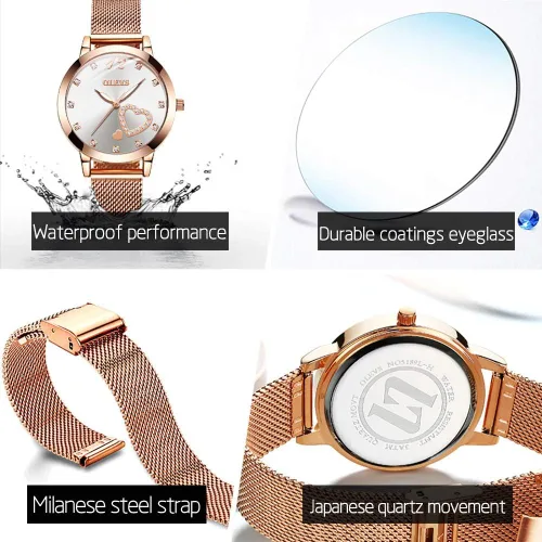 Vista 6 de OLEVS Relojes para mujer correa de malla de oro rosa vestido de moda cuarzo japonés impermeable luminoso para mujer conjunto de pulseras