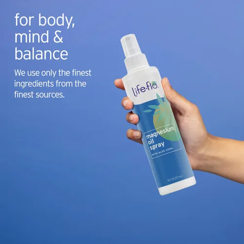 Vista 5 de LIFE-FLO Spray de aceite de magnesio con aloe vera orgánico, cloruro de magnesio en aerosol del fondo marino de Zechstein, calma y relaja músculos