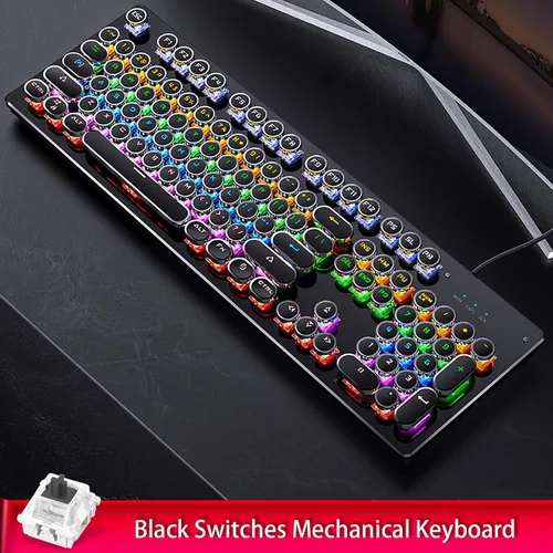 Vista 3 de Teclado mecánico con luz LED retroiluminada, teclado retro para juegos con teclas redondas de 104 teclas con interruptor azul, teclado steampunk