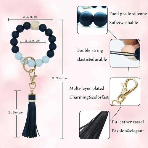 Vista 2 de BAOSIWA Pulsera de cuentas de silicona con llavero de pulsera para mujer con borla de cuero