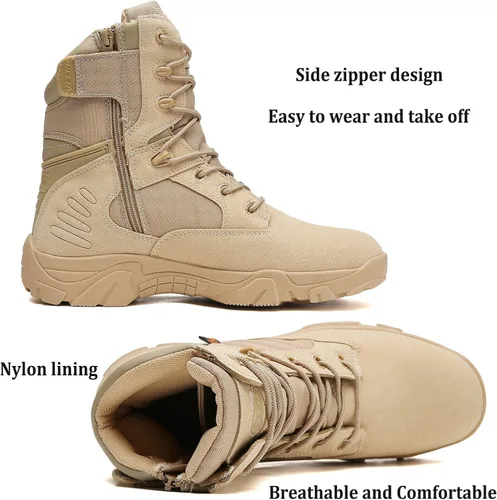 Vista 4 de Botas tácticas para hombre, botas de combate de 8 pulgadas, botas de trabajo para hombres, duraderas con cremallera lateral, botas militares