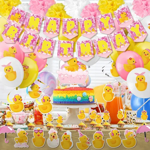 Vista 6 de Outus 77 piezas de decoración de fiesta de patito rosa, lindo accesorio de fiesta de cumpleaños de pato, incluye una bonita pancarta colgante