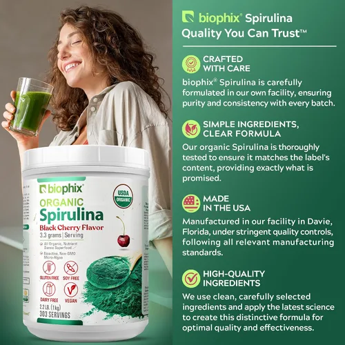 Vista 6 de biophix Polvo orgánico de espirulina de 2.2 libras, sabor a cereza negra, superalimento rico en proteínas, rico en nutrientes, potente antioxidante