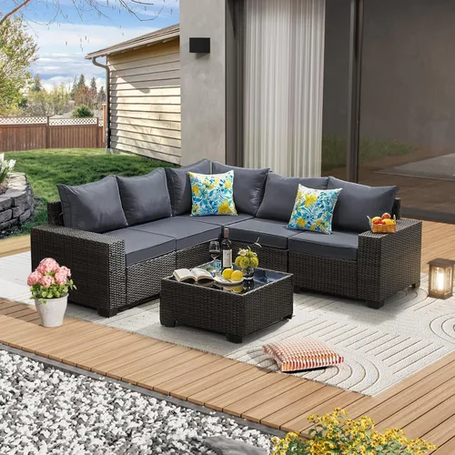 Vista 19 de JOYURE Juego de muebles de patio de 5 piezas, para todo tipo de clima, para exterior, sofá seccional de mimbre, sofá de ratán para patio con cojín