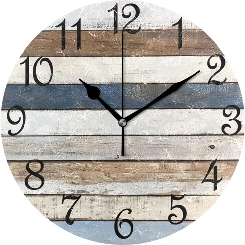 Vista 21 de Reloj de pared rústico retro con puerta de granero de madera, marrón, azul, funciona con pilas, silencioso, sin tictac, 10 pulgadas, reloj de mesa