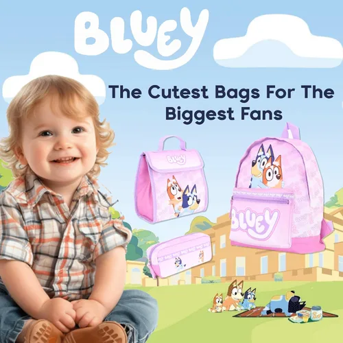 Vista 4 de Mochila Bluey para niñas, color rosa, juego de 3 piezas con lonchera y estuche para lápices