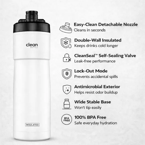 Vista 2 de The Clean Hydration Co - Botella de agua aislada para bicicleta de 23 onzas, boquilla fácil de limpiar, botella deportiva fácil de apretar, botella