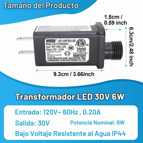 Vista 2 de Transformador LED de 30V 0.2A, controlador LED de 30V de 8 modos, fuente de alimentación clase 2, transformador de bajo voltaje, enchufe de EE. UU.