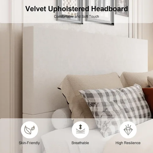 Vista 4 de Base de cama matrimonial con cabecero, plataforma tapizada de terciopelo con base de madera cerrada, estructura de metal y soporte de listones