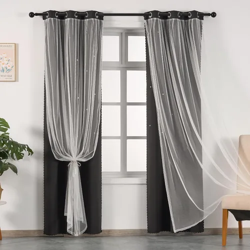 Vista 8 de indistar Cortinas opacas con recortes de estrellas para dormitorio de niña, cortinas de oscurecimiento para habitación de bebé, cortinas