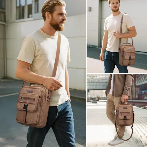 Vista 2 de WITZMAN Bolso cruzado para hombre, bolso de mensajero de lona, bolso vintage para hombre, bolso pequeño casual para el trabajo y viajes, Marrón