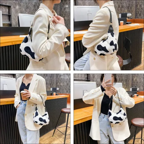 Vista 4 de PRETYZOOM bolso de hombro de felpa de vaca de impresión bolso de las mujeres de felpa bolso de mano otoño invierno suave casual esponjoso mujer