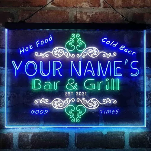 Vista 20 de Letrero de luz de neón LED tricolor personalizado para bar y parrilla, nombre personalizado, fecha, texto, cita, fuente blanco, azul y rojo, 17.7 x