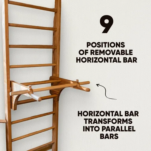 Vista 6 de Barras de Pared Suecas en Escalera para Niños y Adultos, hechas de Madera de Haya Sólida, Resisten Cargas hasta 400 kg, con Barra de Dominada