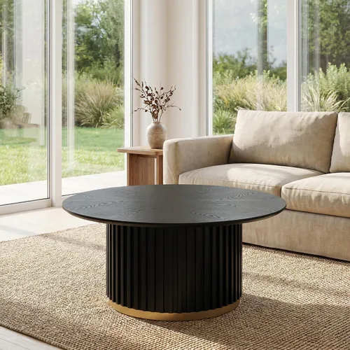 Vista 28 de Mesa de centro redonda de madera de 31.49 pulgadas con almacenamiento, mesa de centro circular acanalada de 2 niveles con tapa y estante para sala