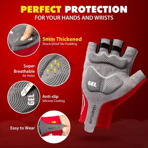 Vista 3 de Hikenture Guantes de ciclismo para hombre, guantes de bicicleta, guantes de ciclismo acolchados de 0.197in, guantes de bicicleta de medio dedo