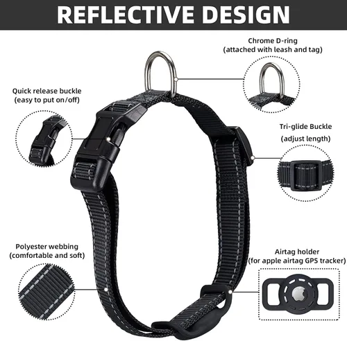 Vista 5 de Collar para perro, compatible con AirTag, collar de nailon para cachorros con soporte de silicona para perros pequeños, negro, XS: cuello de 8 a 12