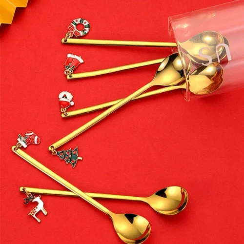 Vista 4 de JapanAmStore - 6 cucharas de café de acero inoxidable con colgante de Navidad, cuchara de sopa, cuchara de té, cuchara de postre para decoración