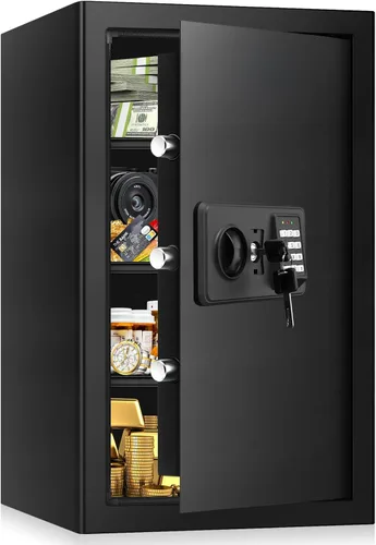 Vista 10 de Cajas fuertes pequeñas para uso doméstico, caja de seguridad digital con cerradura de combinación, llaves de repuesto y estante extraíble, caja