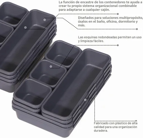Vista 5 de Juego de 24 separadores de cajones de escritorio entrelazados, separadores de cajones estrechos de plástico poco profundos, contenedores de Negro