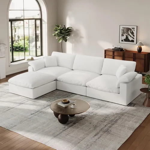 Vista 21 de Sofá modular Cloud para sala de estar, sofás de mezcla de lino en forma de L, modernos sofás de nube de asiento profundo, sofás seccionales Beige