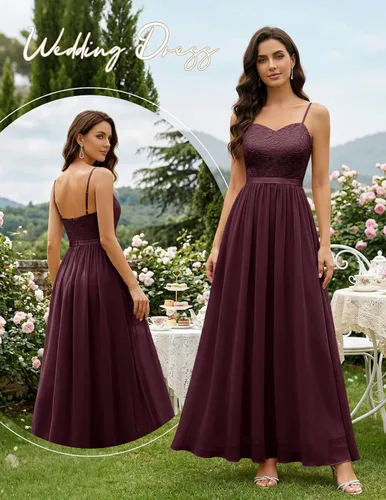 Vista 4 de DRESSTELLS Vestido largo formal de gasa de encaje para mujer 2026 Borgoña