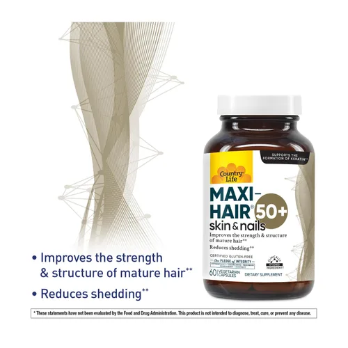 Vista 2 de Country Life Maxi-Hair 50+ - Suplemento para cabello, piel y uñas a base de biotina para mujeres y hombres mayores de 50 años Apoya el crecimiento