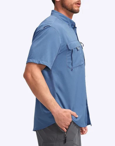 Vista 2 de Pudolla Camisas de pesca para hombre, camisas de trabajo de viaje de manga corta, camisas de verano con botones para hombres UPF50+ con bolsillos