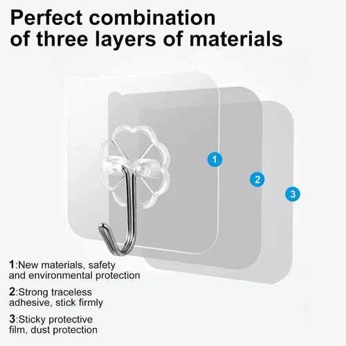 Vista 7 de Ganchos de pared de 33 libras (MÁX) autoadhesivos resistentes, 10 unidades, impermeables y a prueba de aceite, ganchos transparentes sin costuras