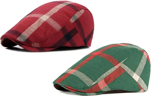 Vista 28 de Paquete de 2 gorras planas de algodón a cuadros para hombre, diseño de Ivy Cabbie Golf Gatsby