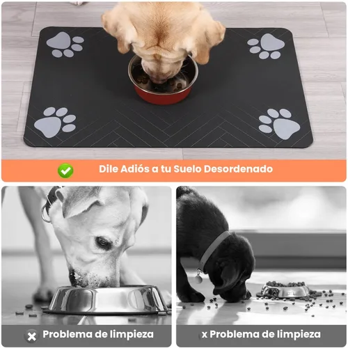 Vista 2 de Alfombrilla de alimentación para mascotas, mantel individual absorbente para tazón de comida y agua, con base de goma impermeable, de secado rápido