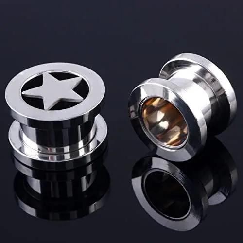 Vista 2 de Par de tapones de túneles de estrella, túneles de tornillo de acero inoxidable, dilatadores de orejas, dilatadores de piercing con anillo tórico