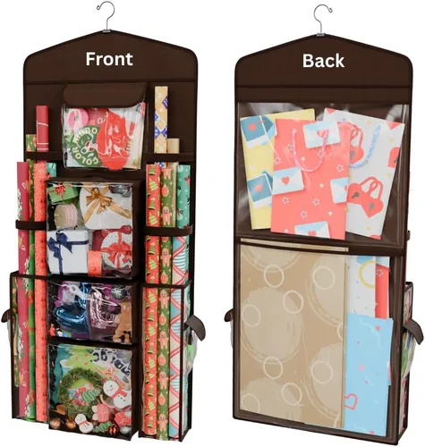 Vista 14 de ProPik Organizador de Almacenamiento de Papel de Regalo Colgante de Doble Cara con Múltiples Bolsillos Organiza tu Papel de Regalo, Bolsas