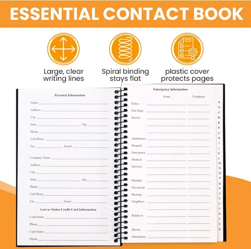 Vista 5 de Libreta de direcciones y teléfonos Iconikal, 8x5 pulgadas, negra, con espiral, 384 contactos, organizador para organizar nombres, direcciones