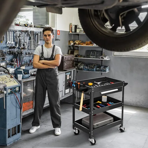 Vista 5 de IRONMAX Cofre de herramientas de 3 niveles, carrito de servicio industrial resistente con cajón y ruedas, organizador de caja de herramientas Negro